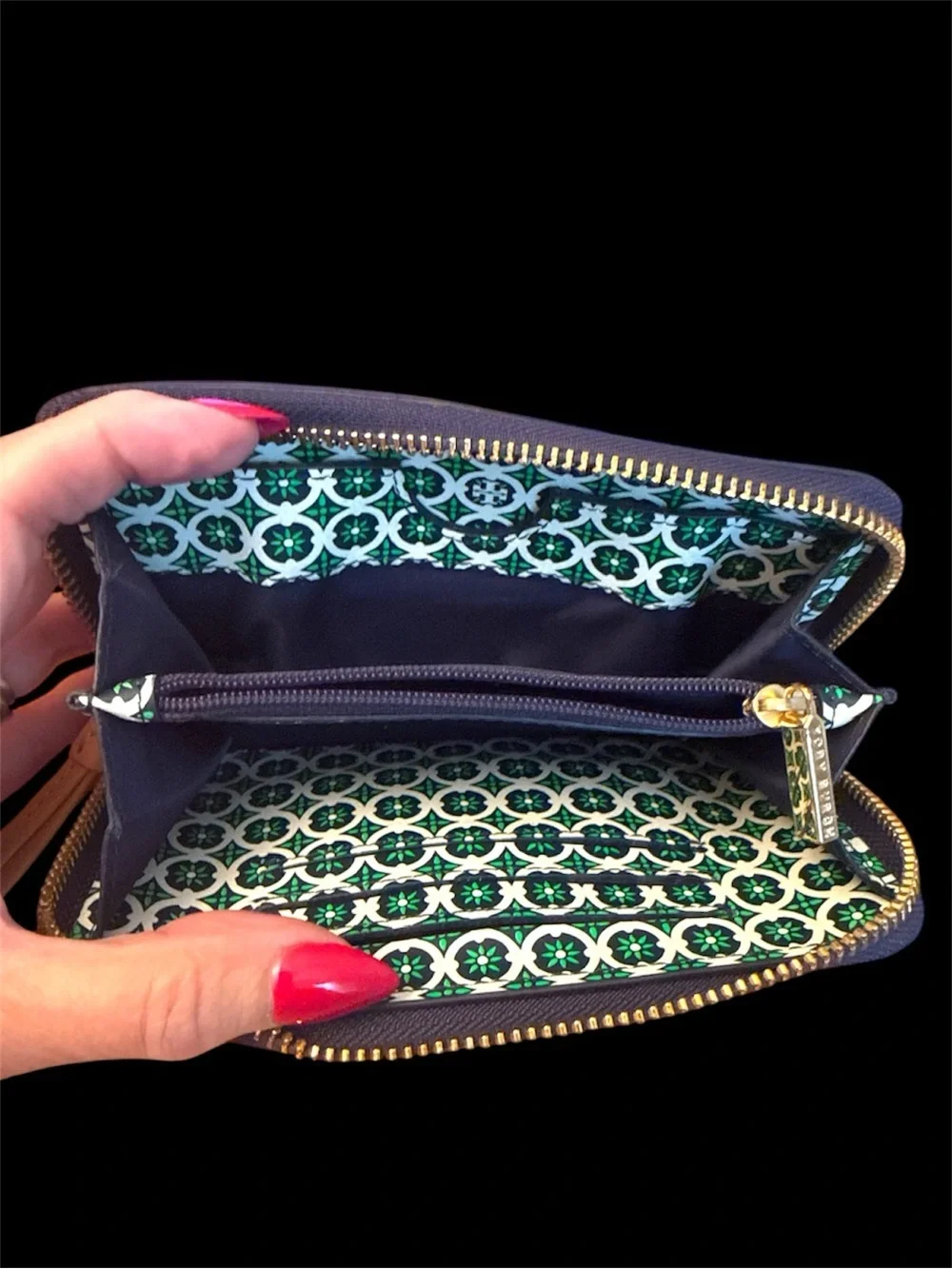 Tory Burch Green Patterned Wristlet Wallet with Tan Strap
